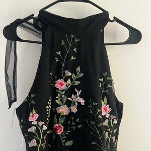 Lulu's Black Halter Top with Pink Floral Embroidery